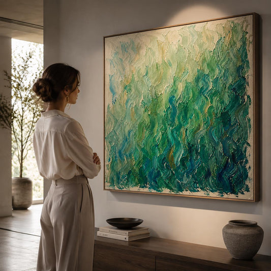 Textured Green Abstract Canvas Art – Modern Impasto Painting for Living Room Office Decor