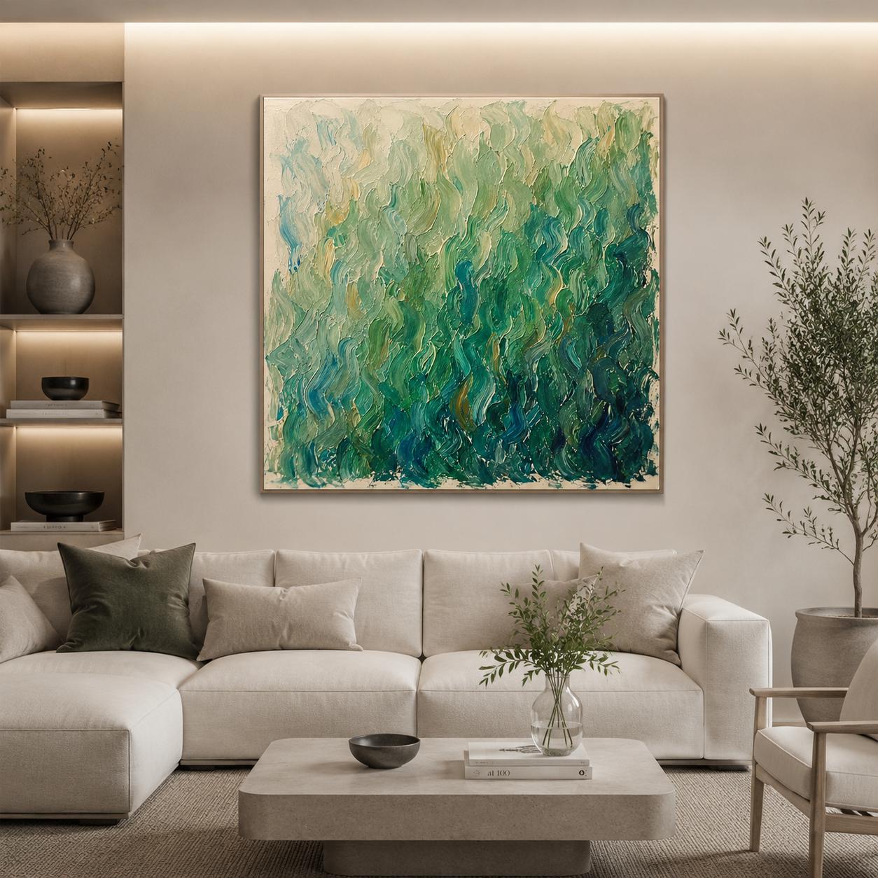 Textured Green Abstract Canvas Art – Modern Impasto Painting for Living Room Office Decor