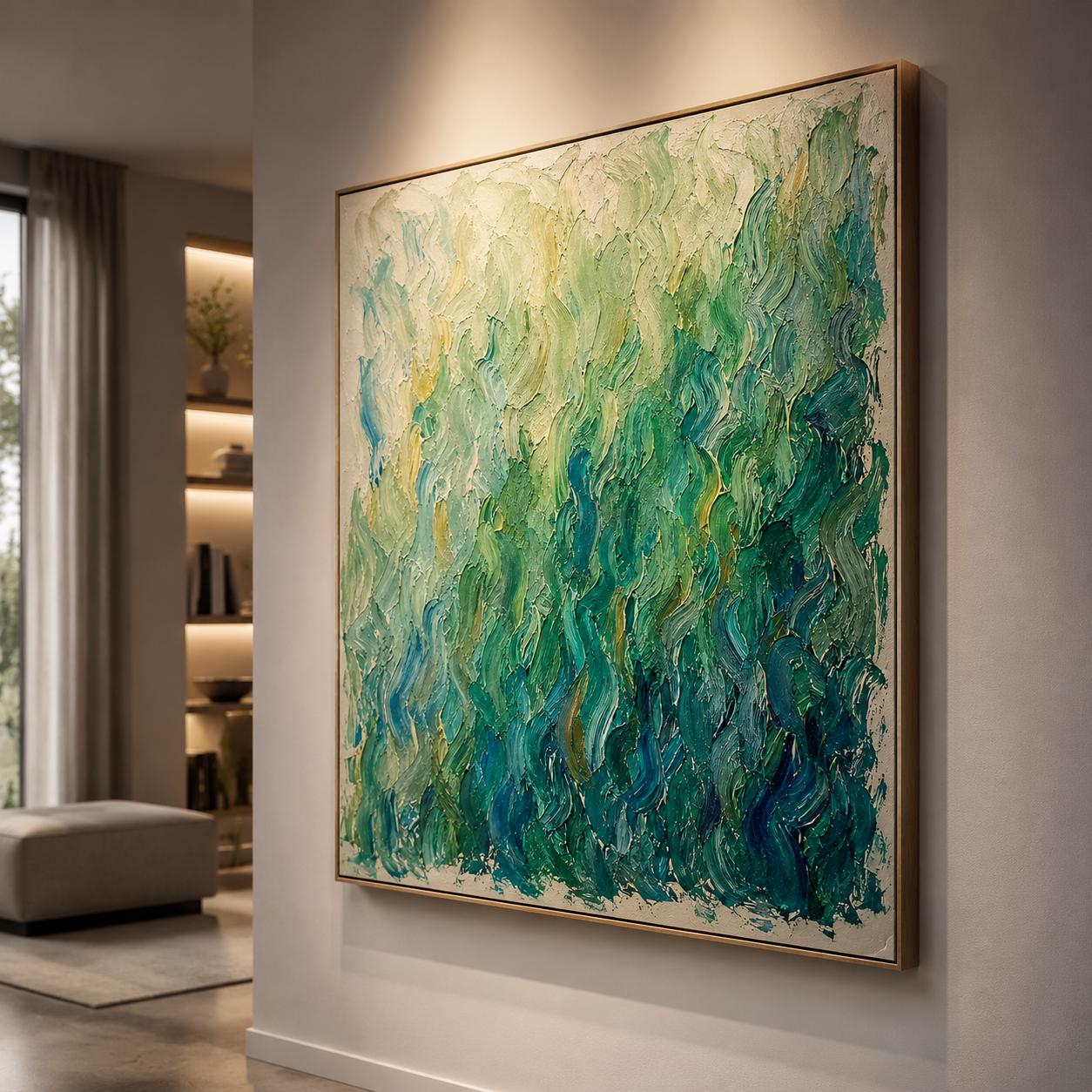 Textured Green Abstract Canvas Art – Modern Impasto Painting for Living Room Office Decor