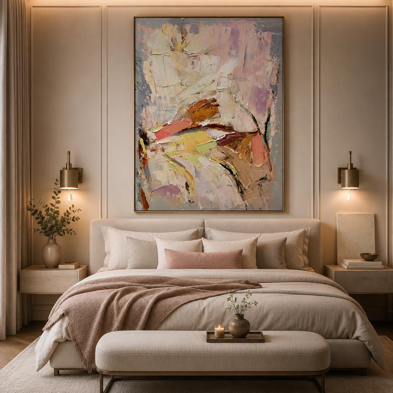Textured Abstract Canvas Art, Soft Neutral Impasto Palette Knife Painting