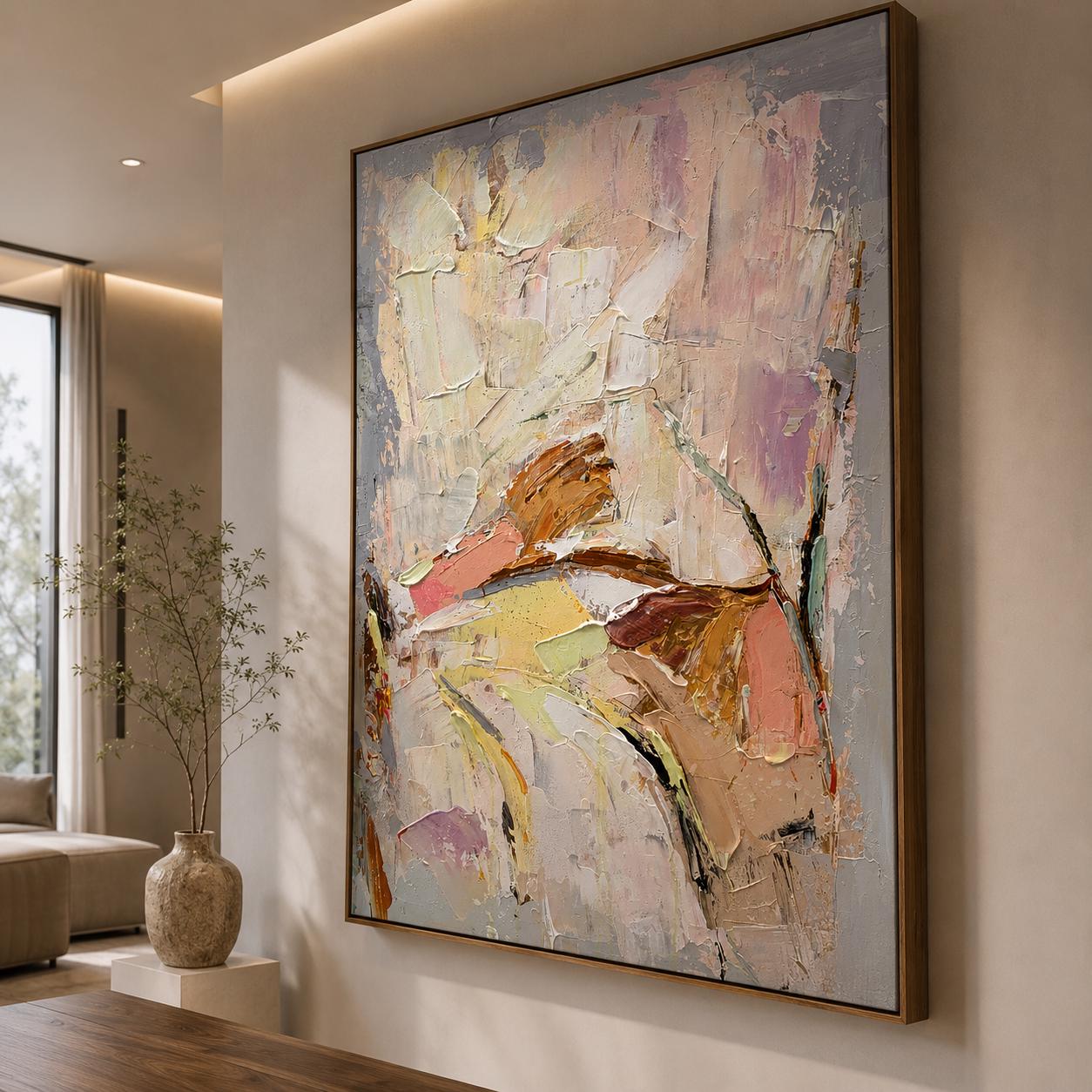 Textured Abstract Canvas Art, Soft Neutral Impasto Palette Knife Painting