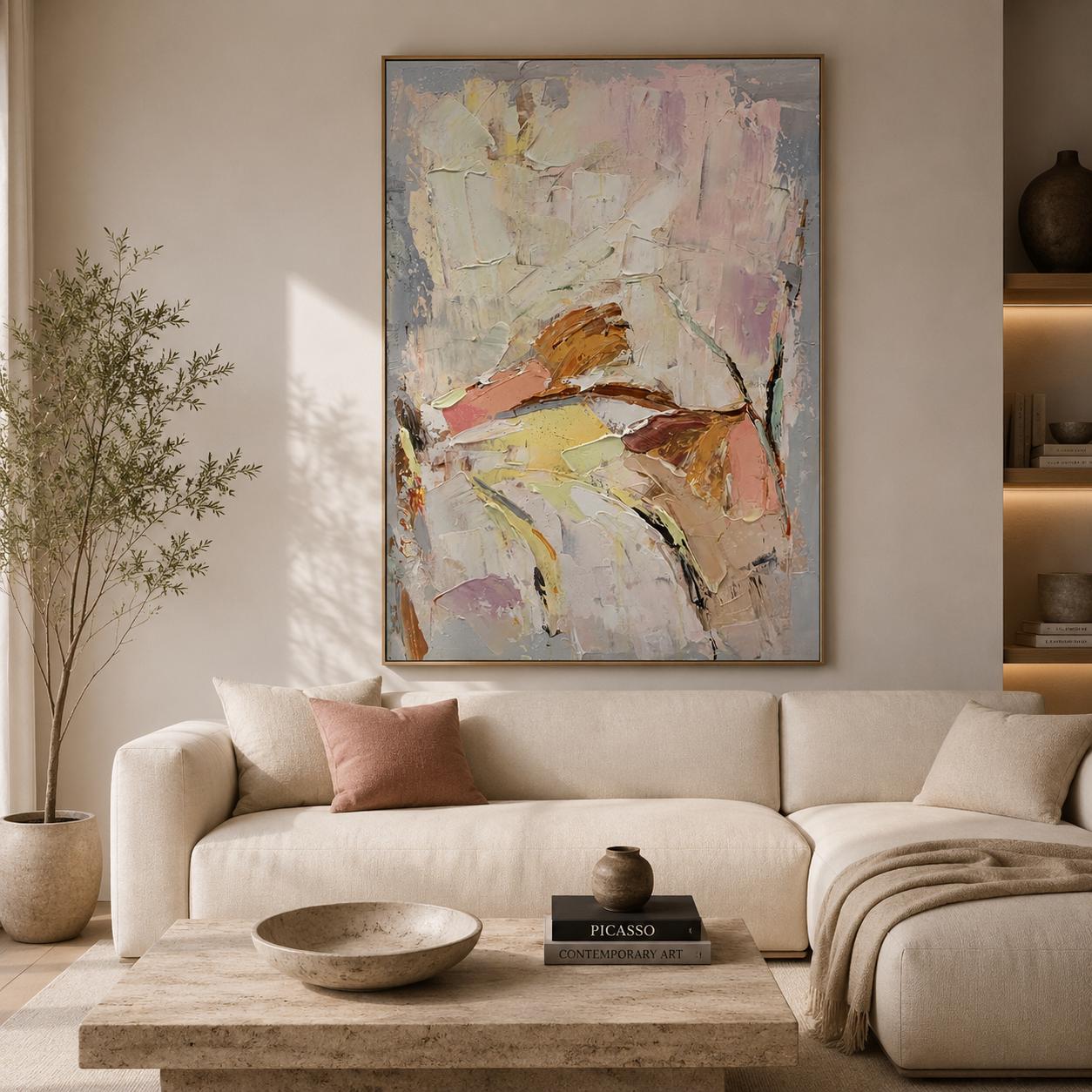 Textured Abstract Canvas Art, Soft Neutral Impasto Palette Knife Painting