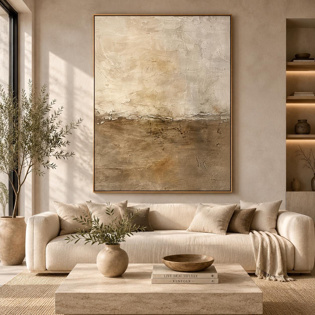 Textured Abstract Landscape Painting, Beige Earth Tone Canvas Art, Minimalist Wall Decor