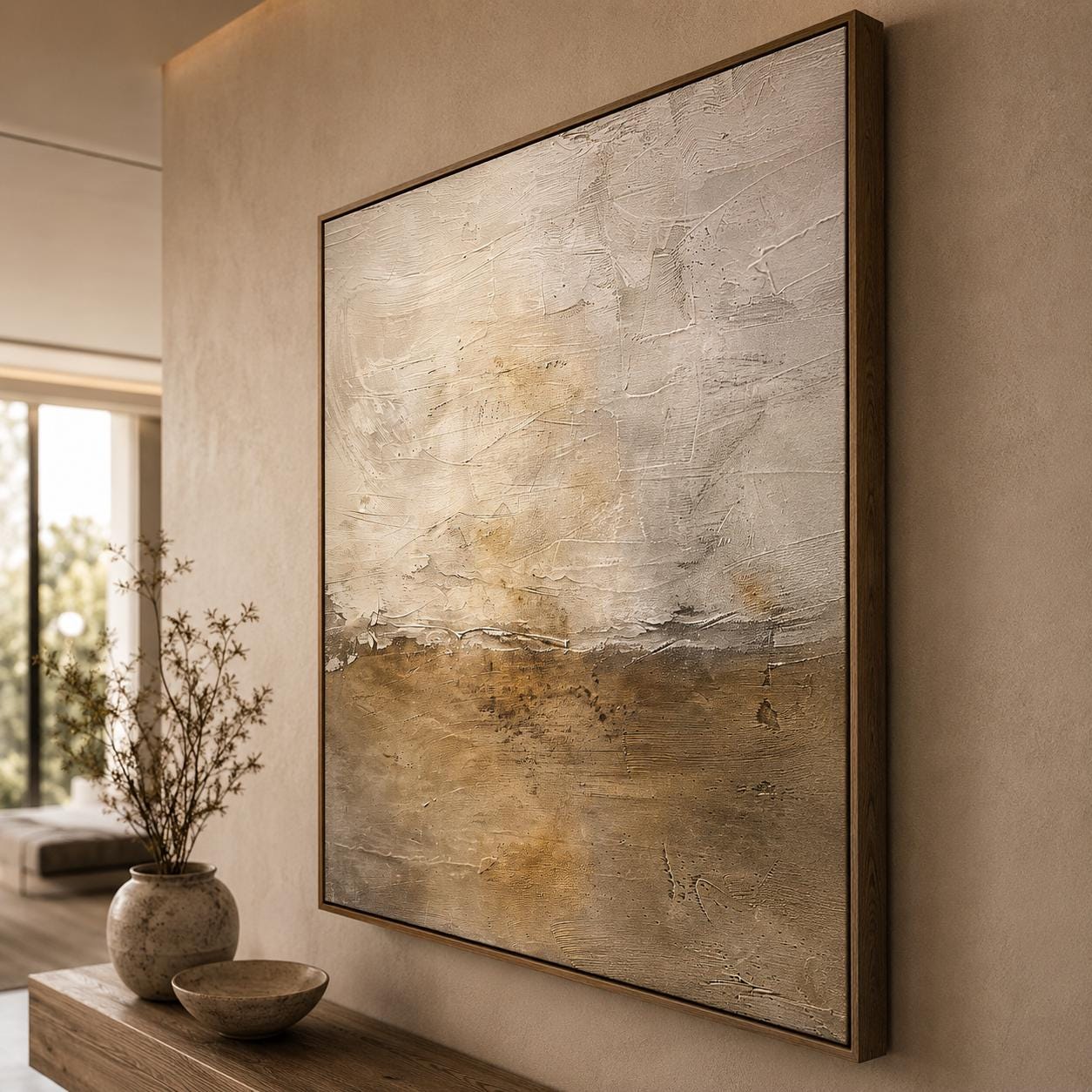 Textured Abstract Landscape Painting, Beige Earth Tone Canvas Art, Minimalist Wall Decor