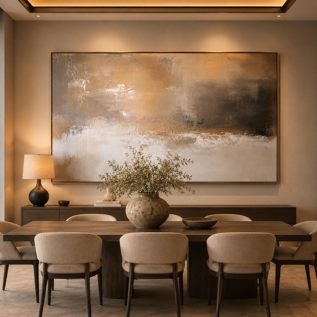 Neutral Textured Abstract Landscape Painting, Beige Earth Tone Canvas Art