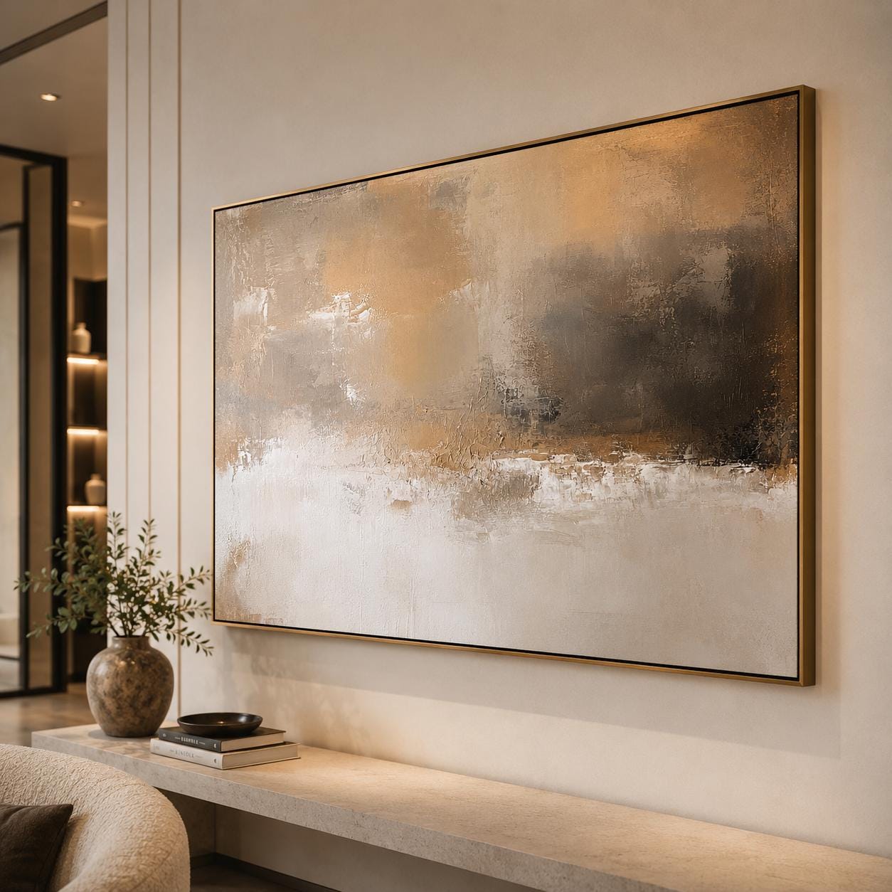 Neutral Textured Abstract Landscape Painting, Beige Earth Tone Canvas Art