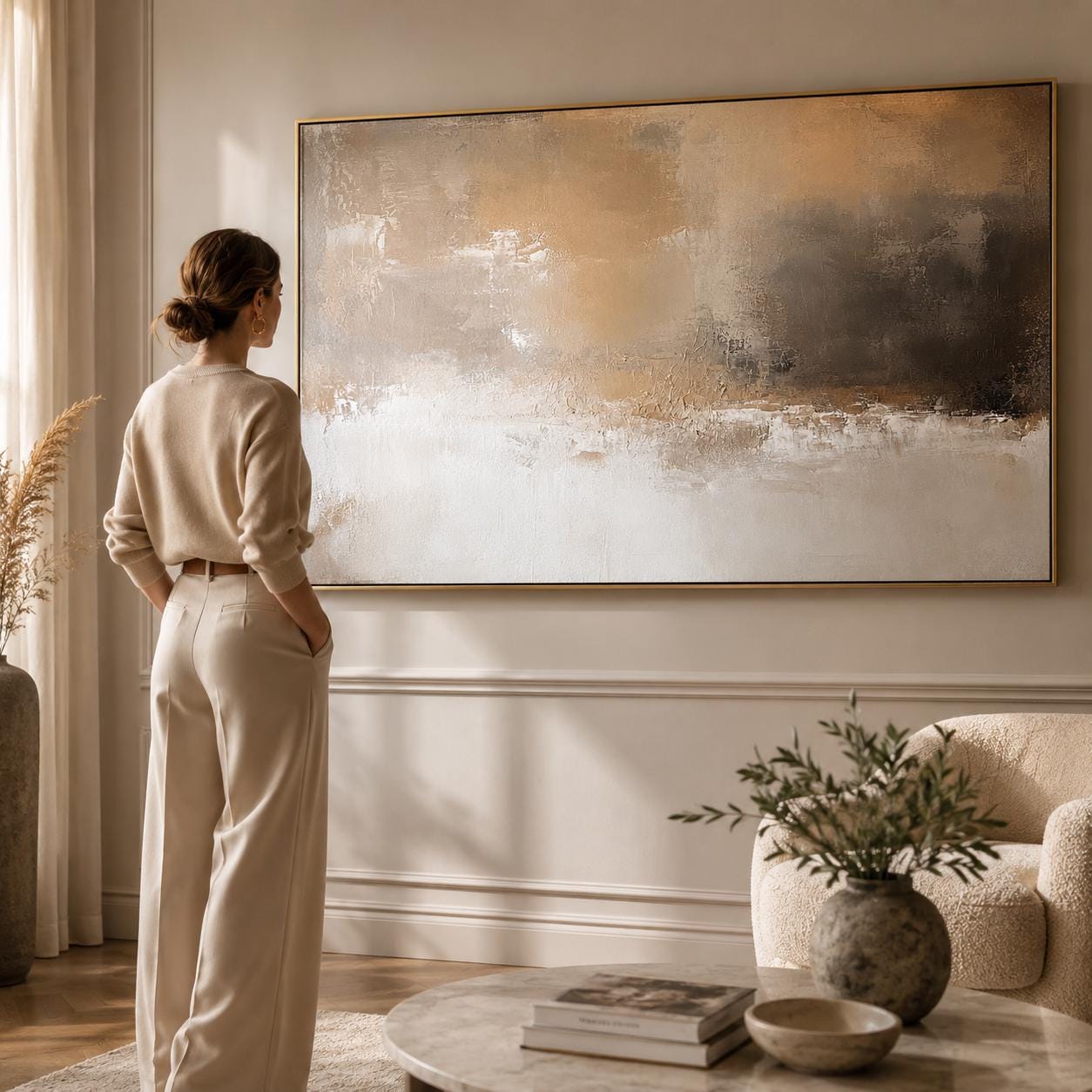 Neutral Textured Abstract Landscape Painting, Beige Earth Tone Canvas Art
