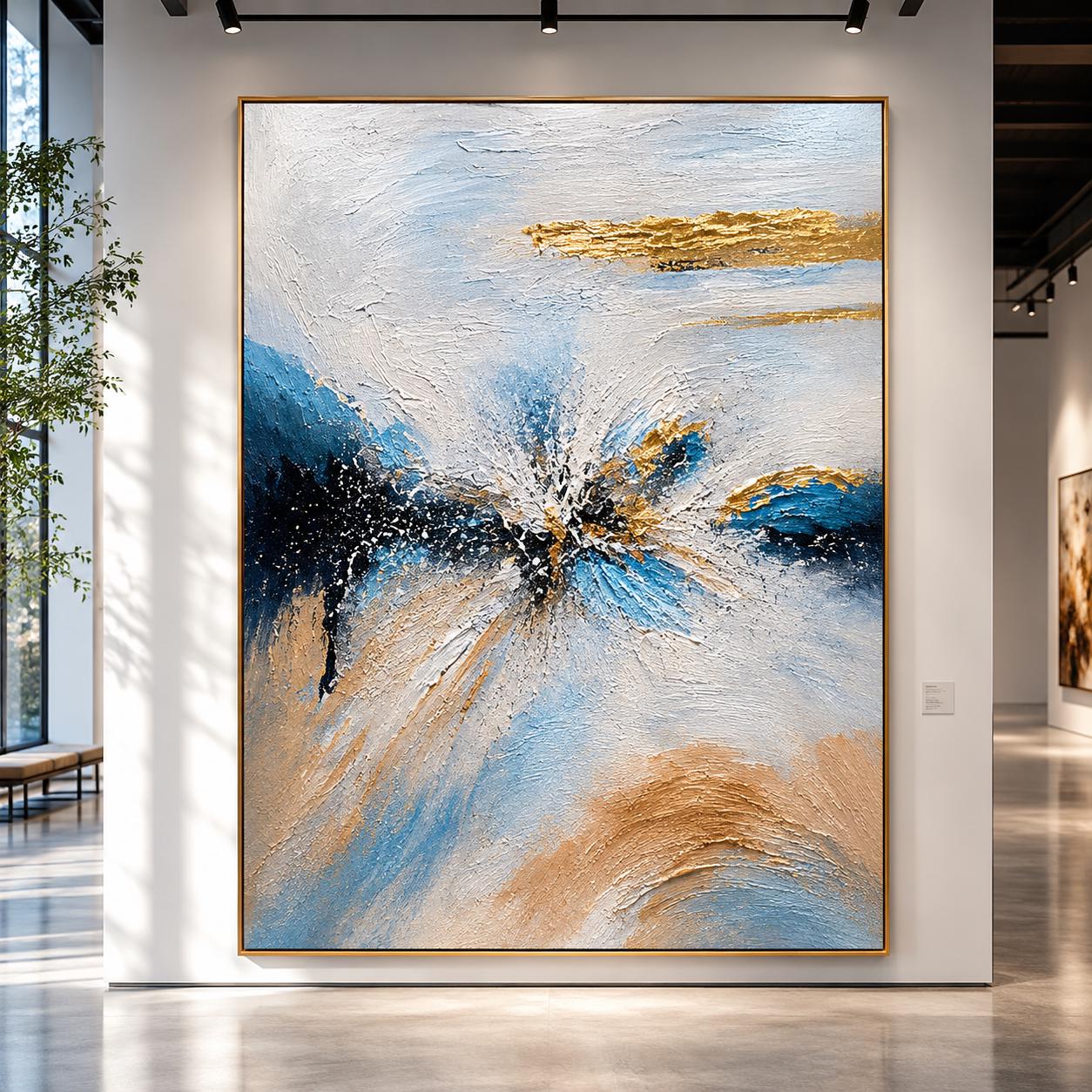 Textured Blue Gold Abstract Painting, Contemporary Impasto Canvas Art