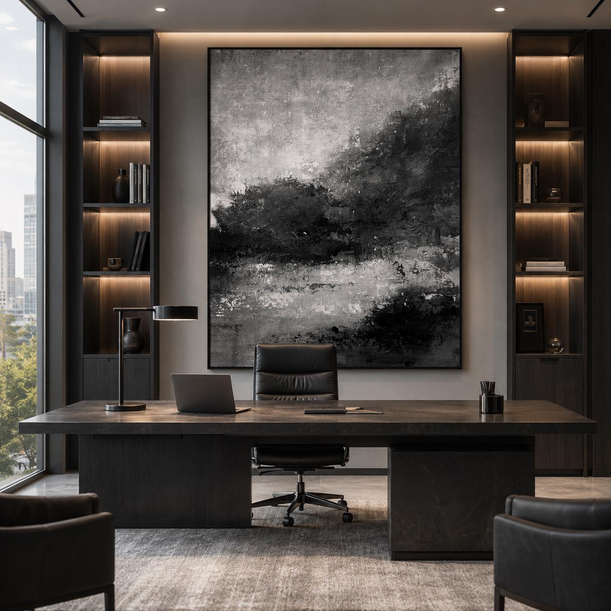 Textured Black White Abstract Landscape Painting, Monochrome Canvas Art, Modern Neutral Decor