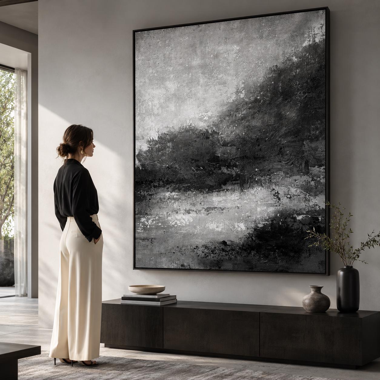 Textured Black White Abstract Landscape Painting, Monochrome Canvas Art, Modern Neutral Decor