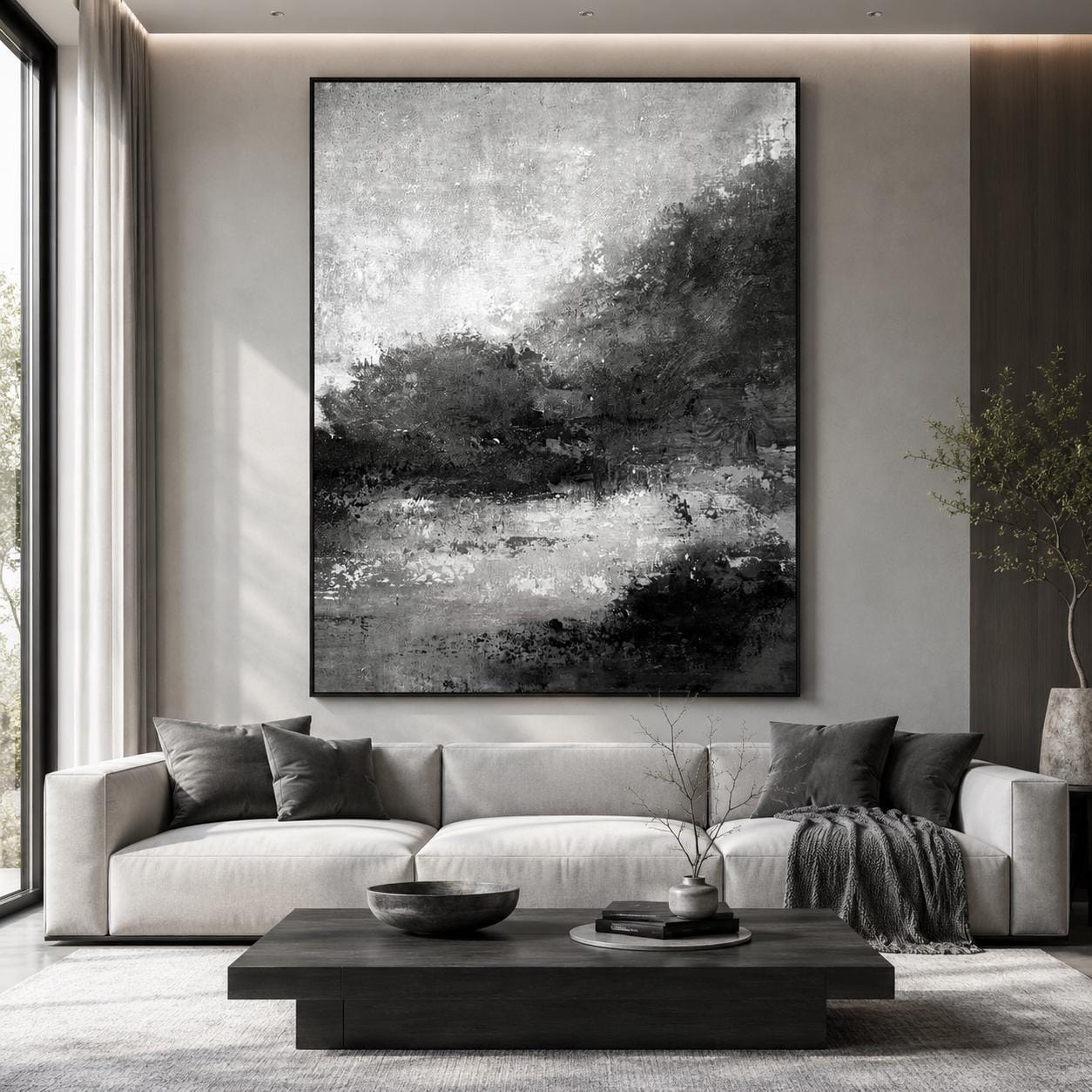 Textured Black White Abstract Landscape Painting, Monochrome Canvas Art, Modern Neutral Decor