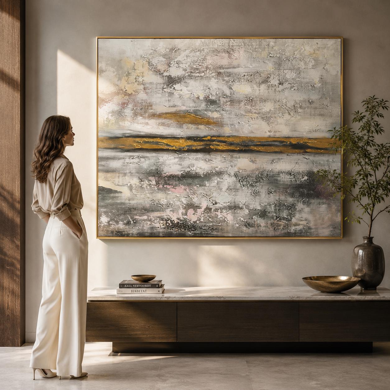 Gold Horizon Abstract Textured Canvas Art, Neutral Luxury Landscape Painting