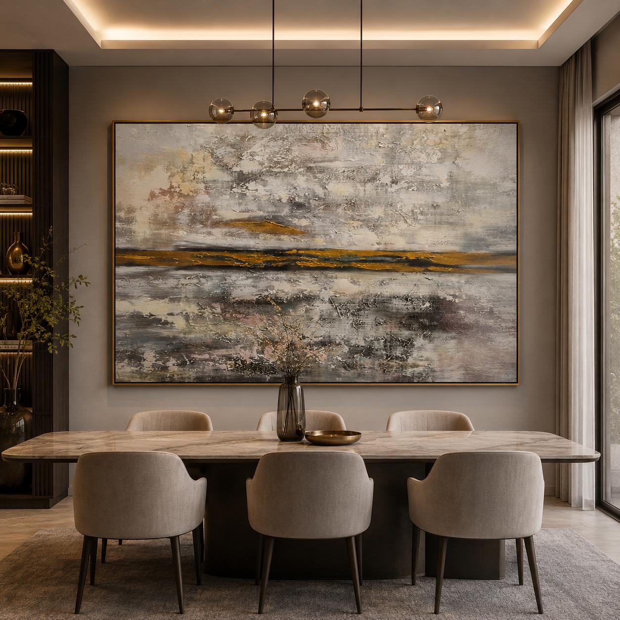 Gold Horizon Abstract Textured Canvas Art, Neutral Luxury Landscape Painting