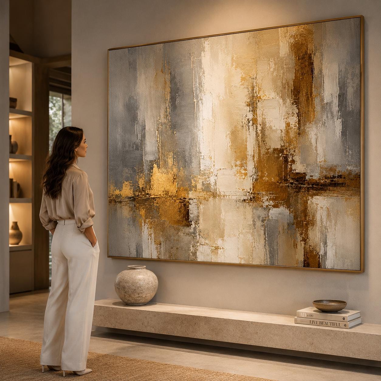 Textured Abstract Painting, Beige Gold Gray Canvas Art, Modern Luxury Wall Decor
