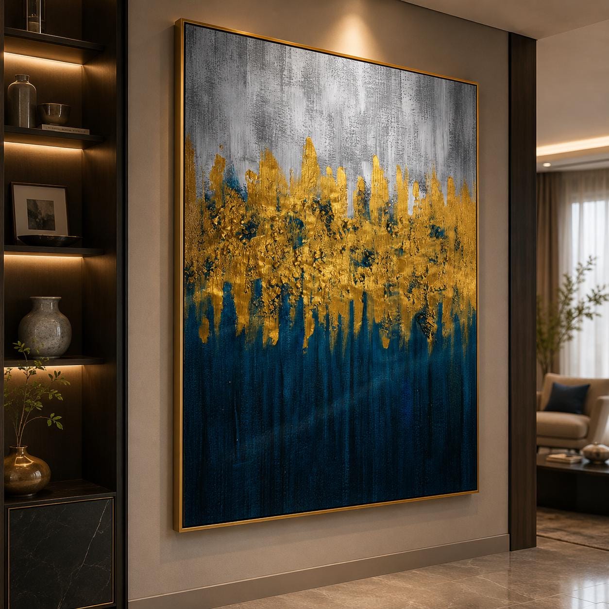Textured Blue Gold Abstract Canvas Art, Modern Navy Wall Decor