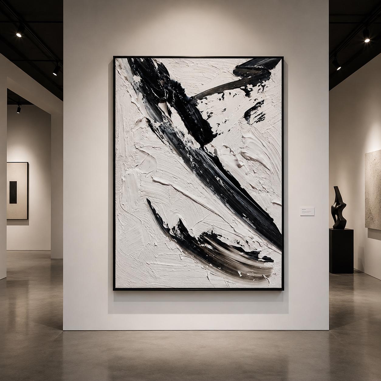 Textured Black White Abstract Canvas Art, Monochrome Palette Knife Wall Decor