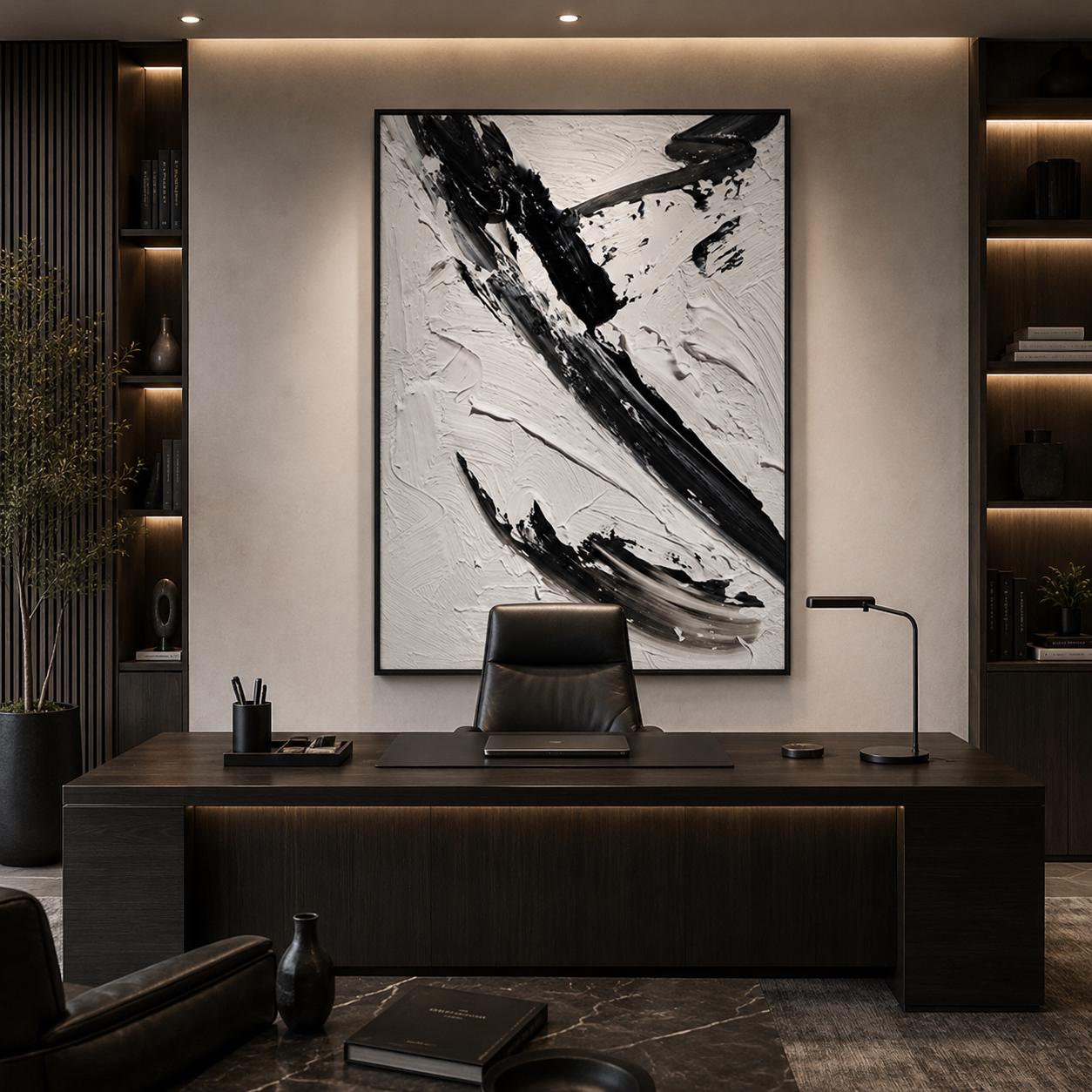 Textured Black White Abstract Canvas Art, Monochrome Palette Knife Wall Decor
