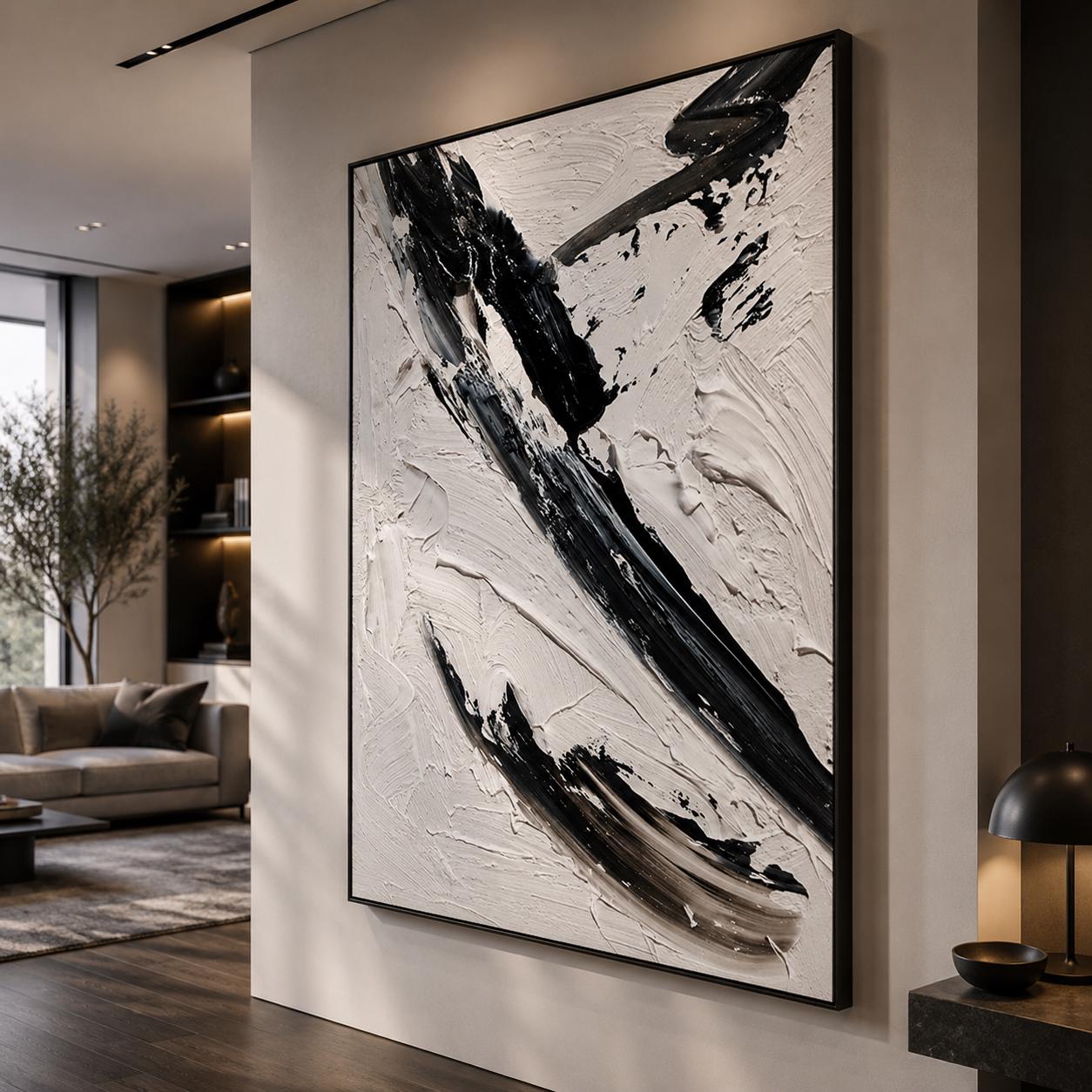 Textured Black White Abstract Canvas Art, Monochrome Palette Knife Wall Decor