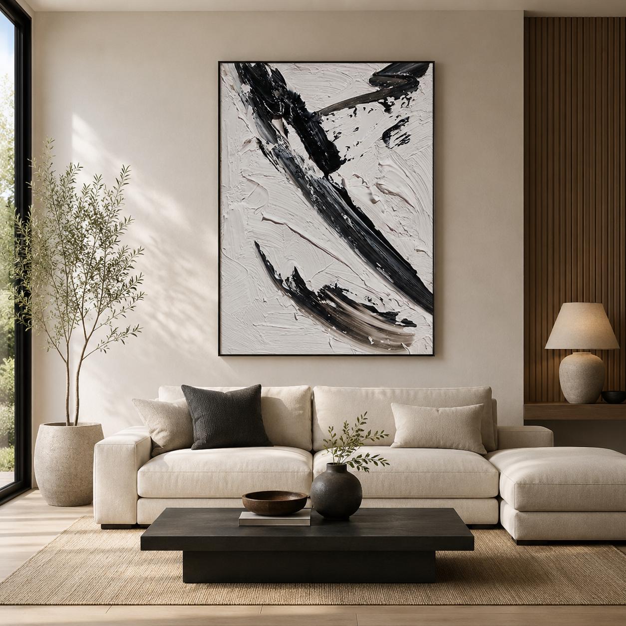 Textured Black White Abstract Canvas Art, Monochrome Palette Knife Wall Decor