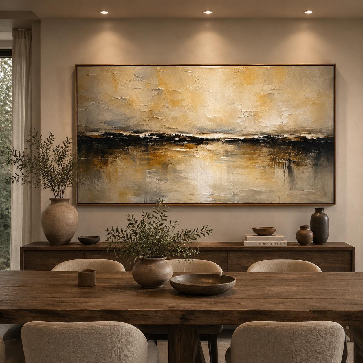 Textured Beige Abstract Landscape Painting, Modern Minimalist Horizontal Artwork