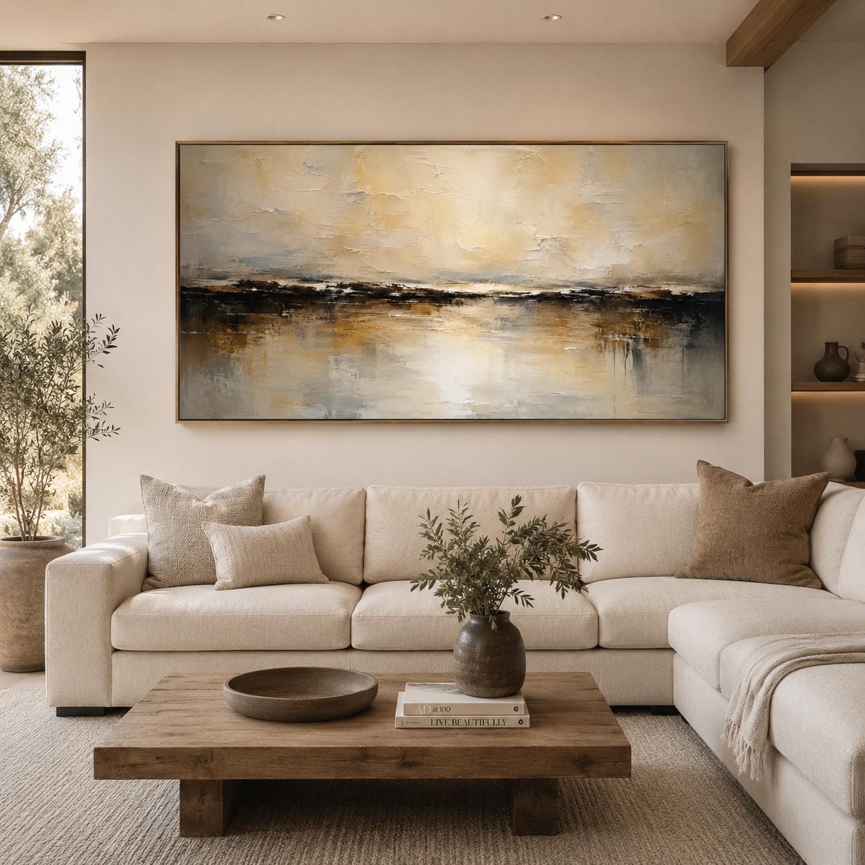 Textured Beige Abstract Landscape Painting, Modern Minimalist Horizontal Artwork