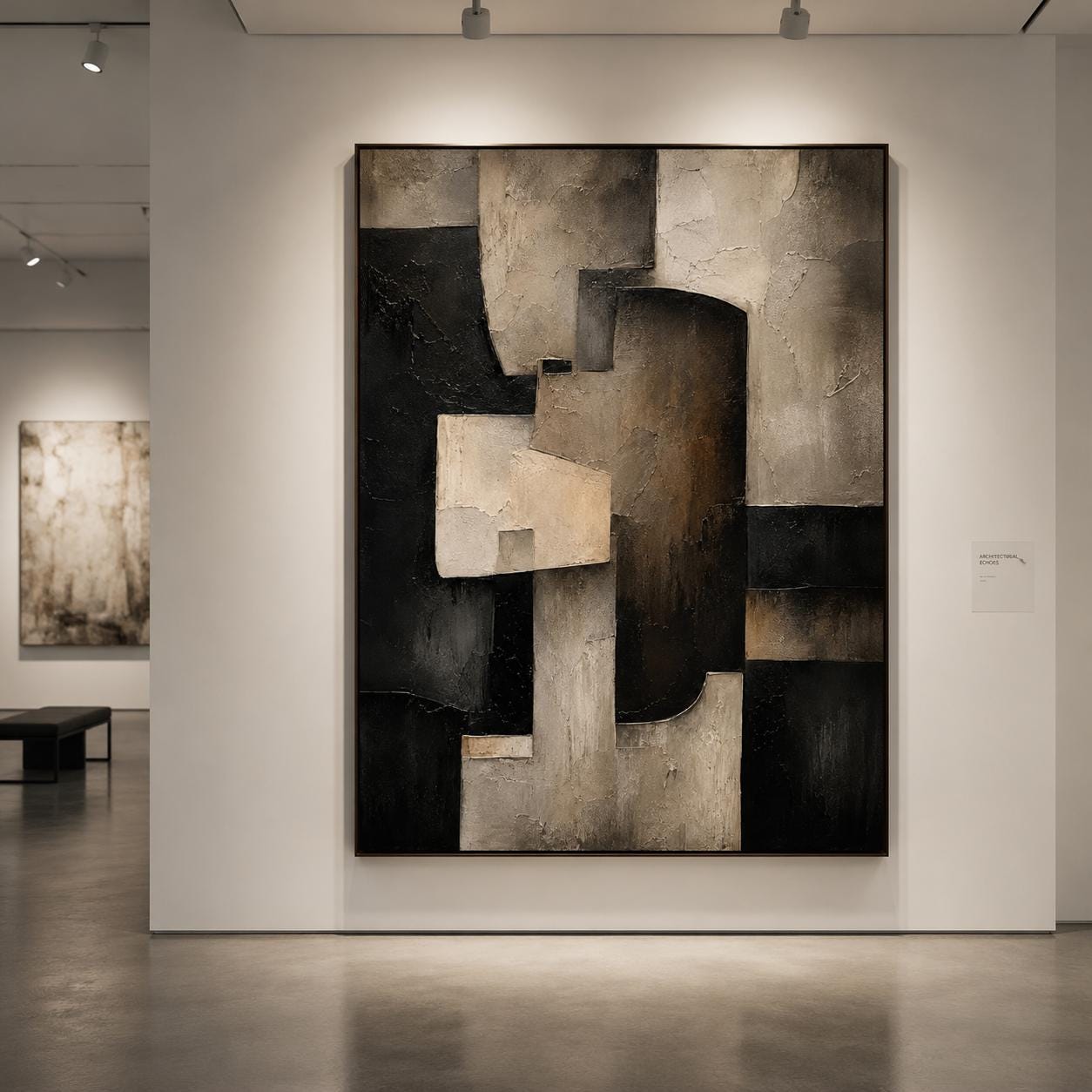 Textured Geometric Abstract Painting, Black Beige Modern Architectural Canvas