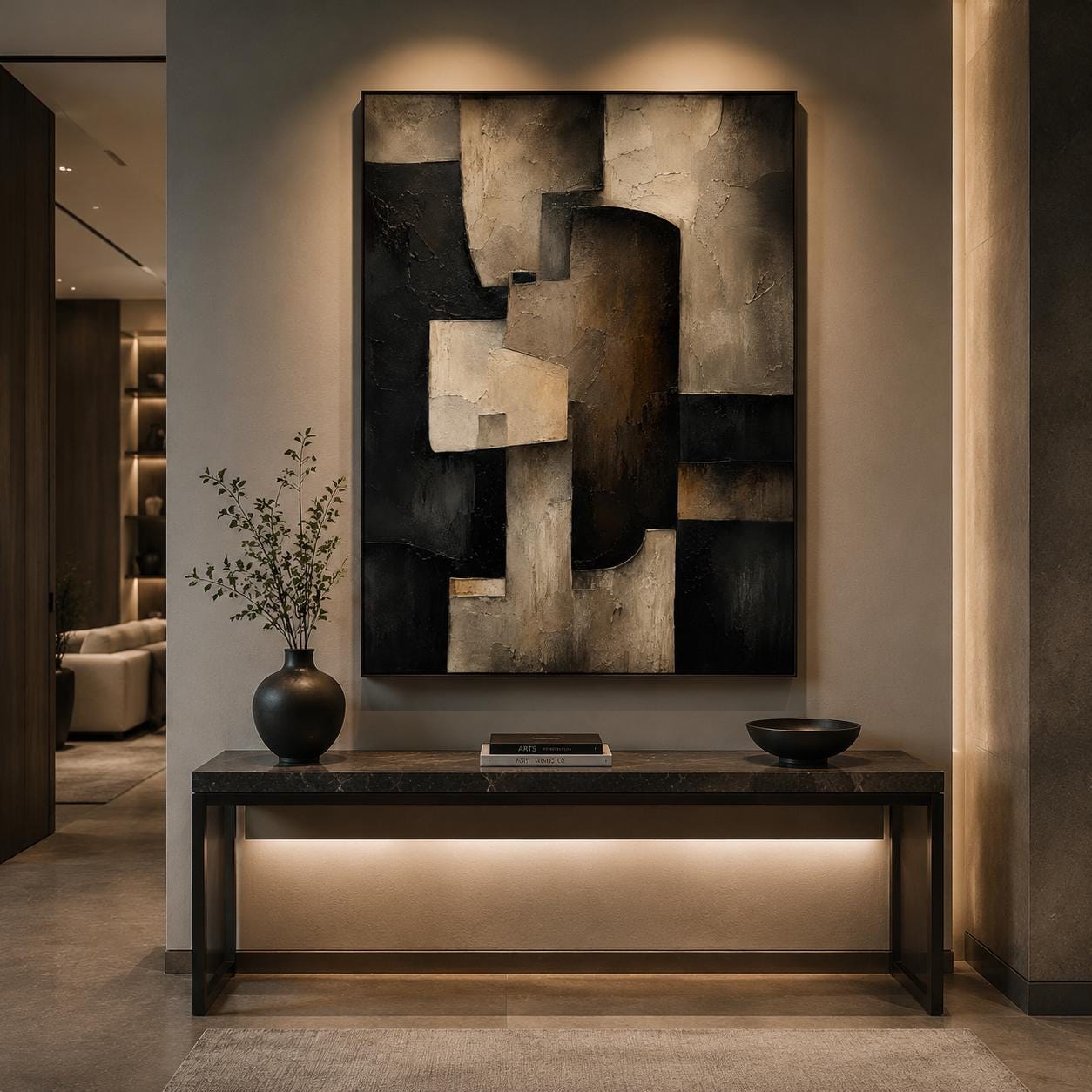 Textured Geometric Abstract Painting, Black Beige Modern Architectural Canvas