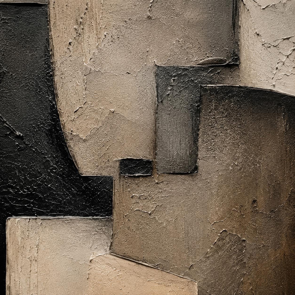 Textured Geometric Abstract Painting, Black Beige Modern Architectural Canvas
