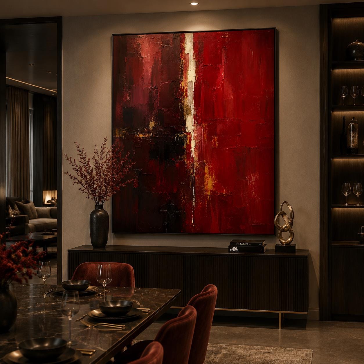 Textured Red Abstract Painting, Bold Impasto Canvas, Modern Luxury Artwork