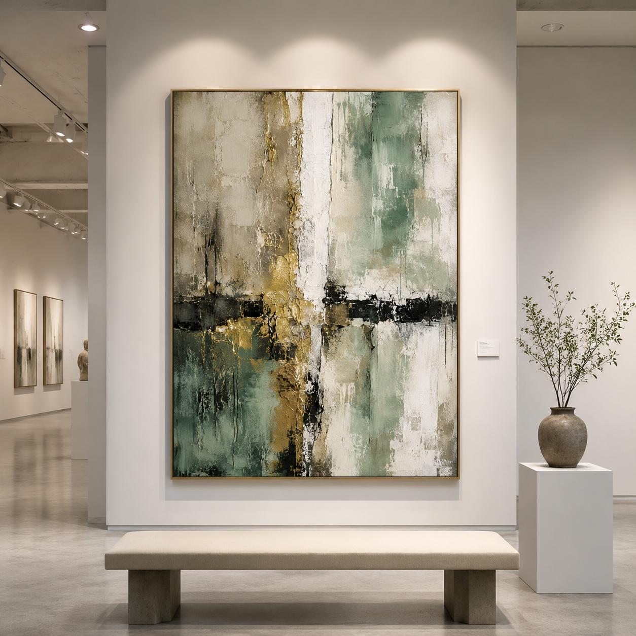 Textured Abstract Painting, Sage Green Gold Mint Canvas Artwork, Luxury Minimalist Decor