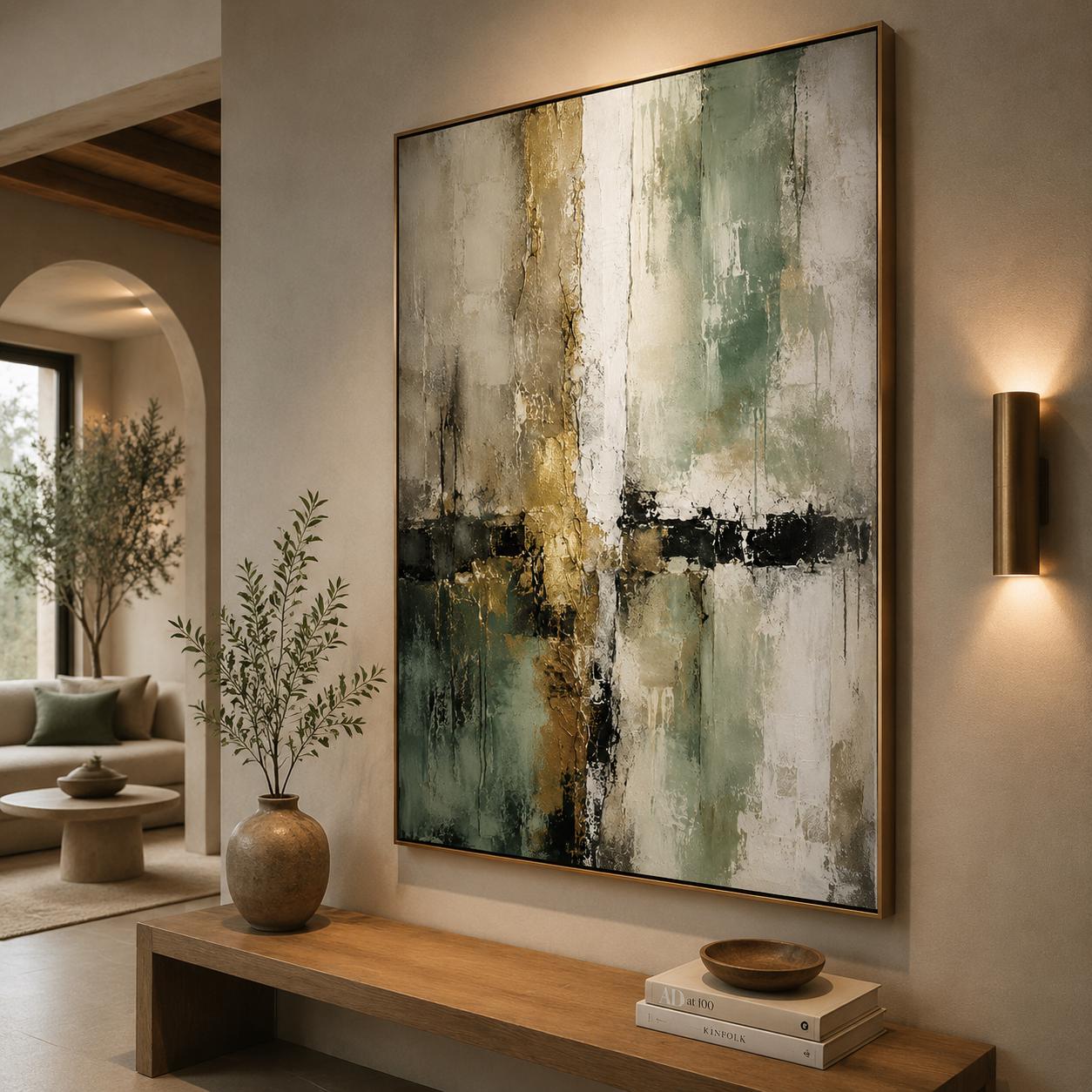 Textured Abstract Painting, Sage Green Gold Mint Canvas Artwork, Luxury Minimalist Decor
