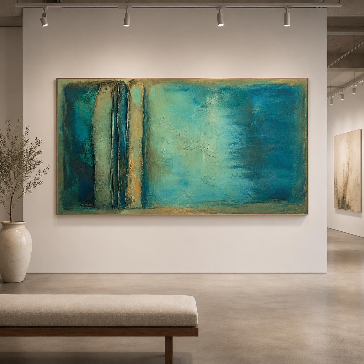 Textured Turquoise Abstract Painting, Coastal Canvas Wall Art, Gold Accents, Modern Decor