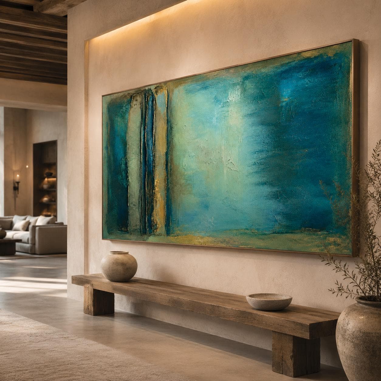 Textured Turquoise Abstract Painting, Coastal Canvas Wall Art, Gold Accents, Modern Decor