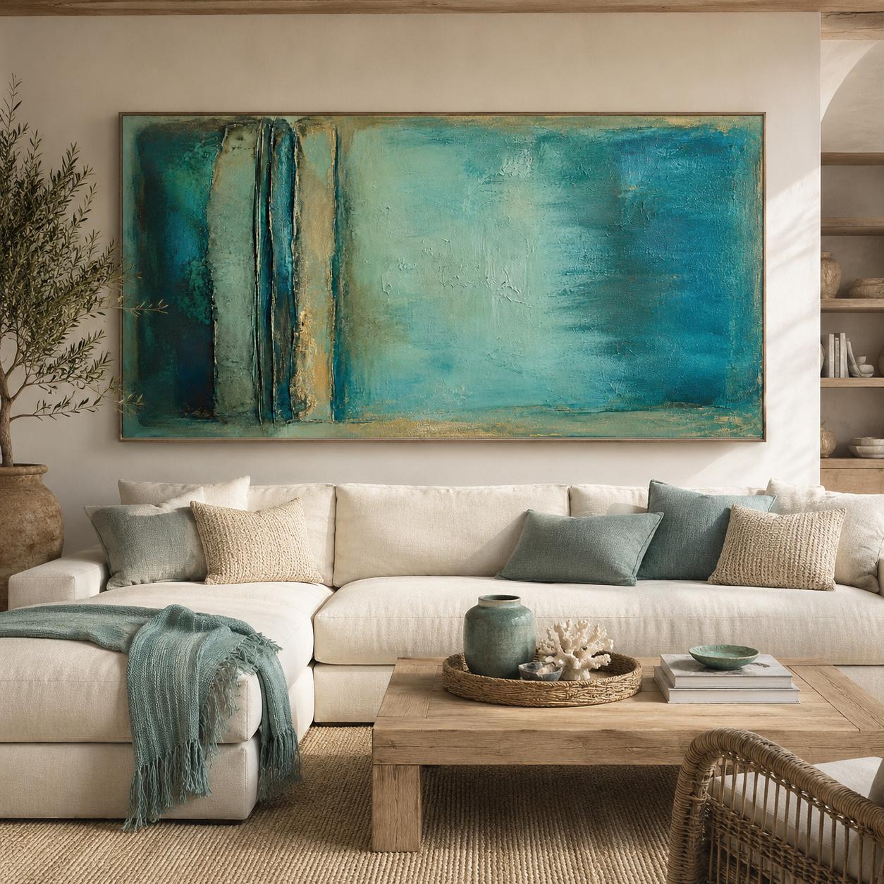 Textured Turquoise Abstract Painting, Coastal Canvas Wall Art, Gold Accents, Modern Decor