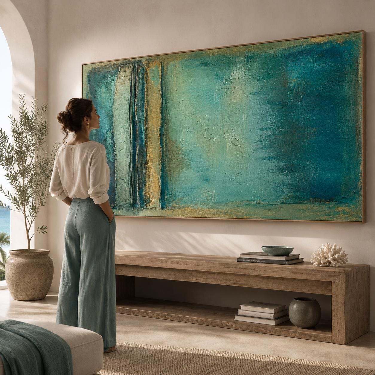 Textured Turquoise Abstract Painting, Coastal Canvas Wall Art, Gold Accents, Modern Decor