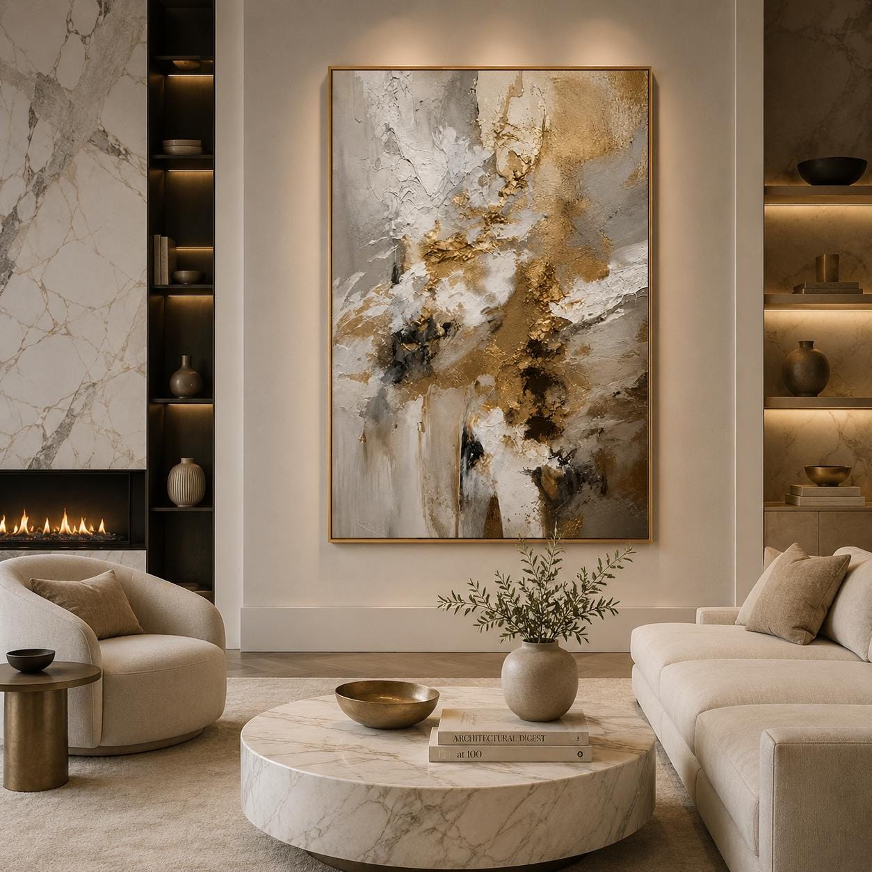 Neutral Gold Textured Abstract Painting, Luxury Beige Wall Art, Modern Impasto Canvas, Elegant Minimalist Artwork