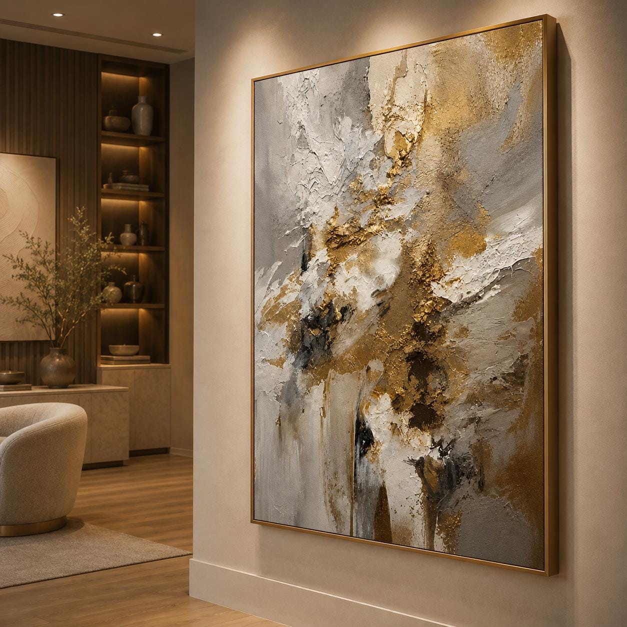 Neutral Gold Textured Abstract Painting, Luxury Beige Wall Art, Modern Impasto Canvas, Elegant Minimalist Artwork