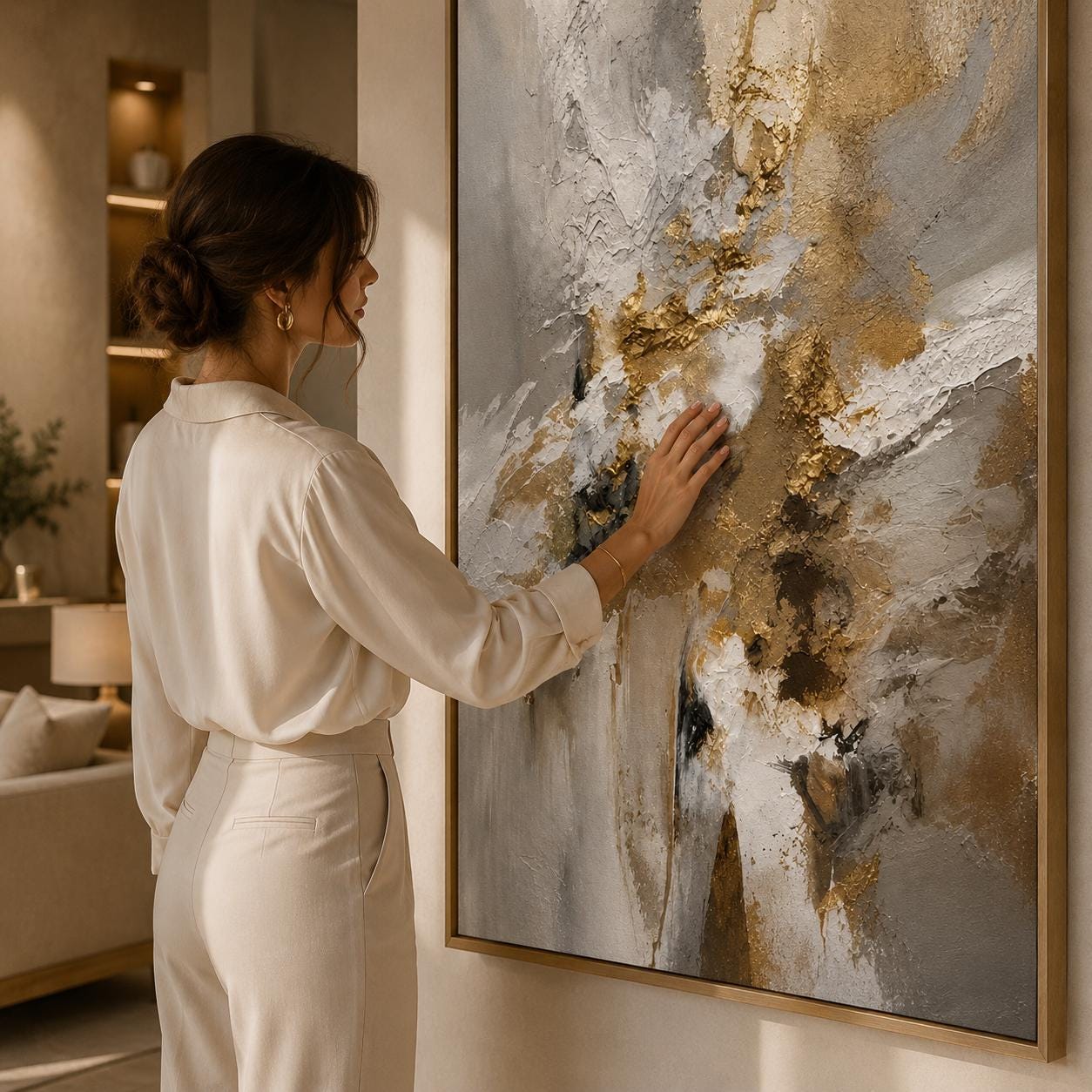 Neutral Gold Textured Abstract Painting, Luxury Beige Wall Art, Modern Impasto Canvas, Elegant Minimalist Artwork