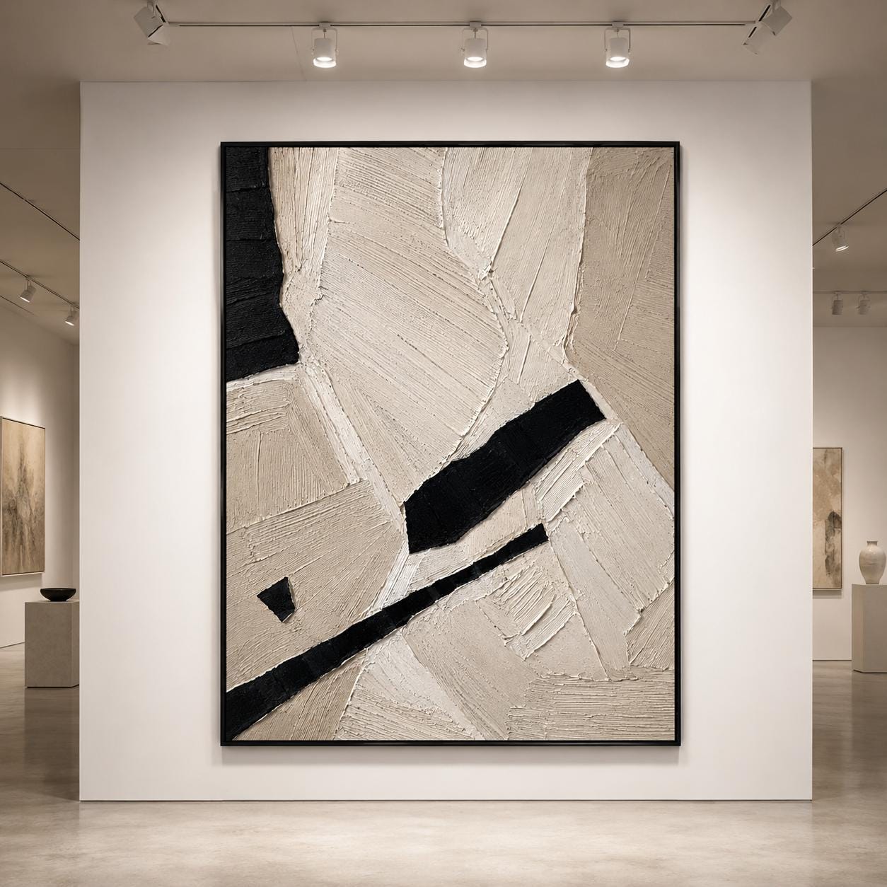 Minimalist Black White Abstract Painting, Neutral Textured Wall Art, Modern Geometric Canvas, Contemporary Sculptural Artwork