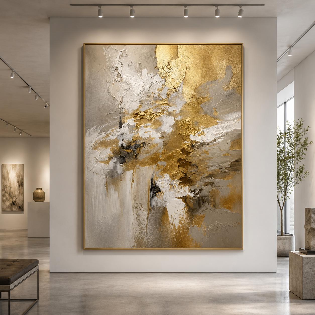 Luxury Gold Textured Abstract Painting, Neutral Modern Wall Art, White Beige Impasto Canvas, Elegant Contemporary Artwork