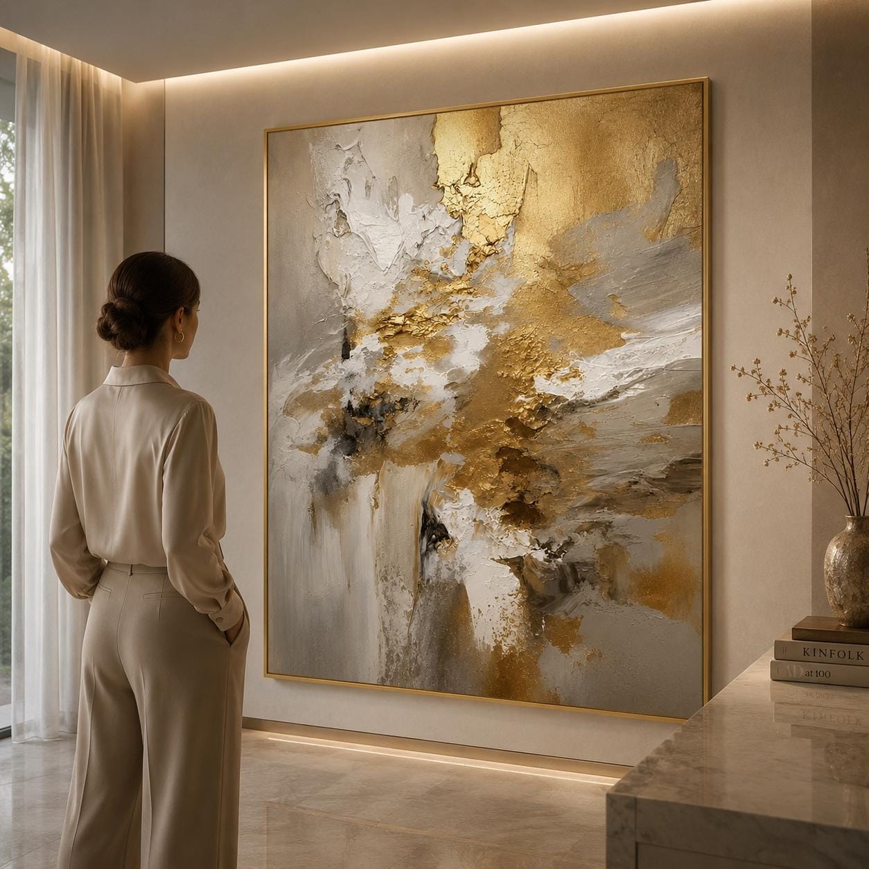 Luxury Gold Textured Abstract Painting, Neutral Modern Wall Art, White Beige Impasto Canvas, Elegant Contemporary Artwork