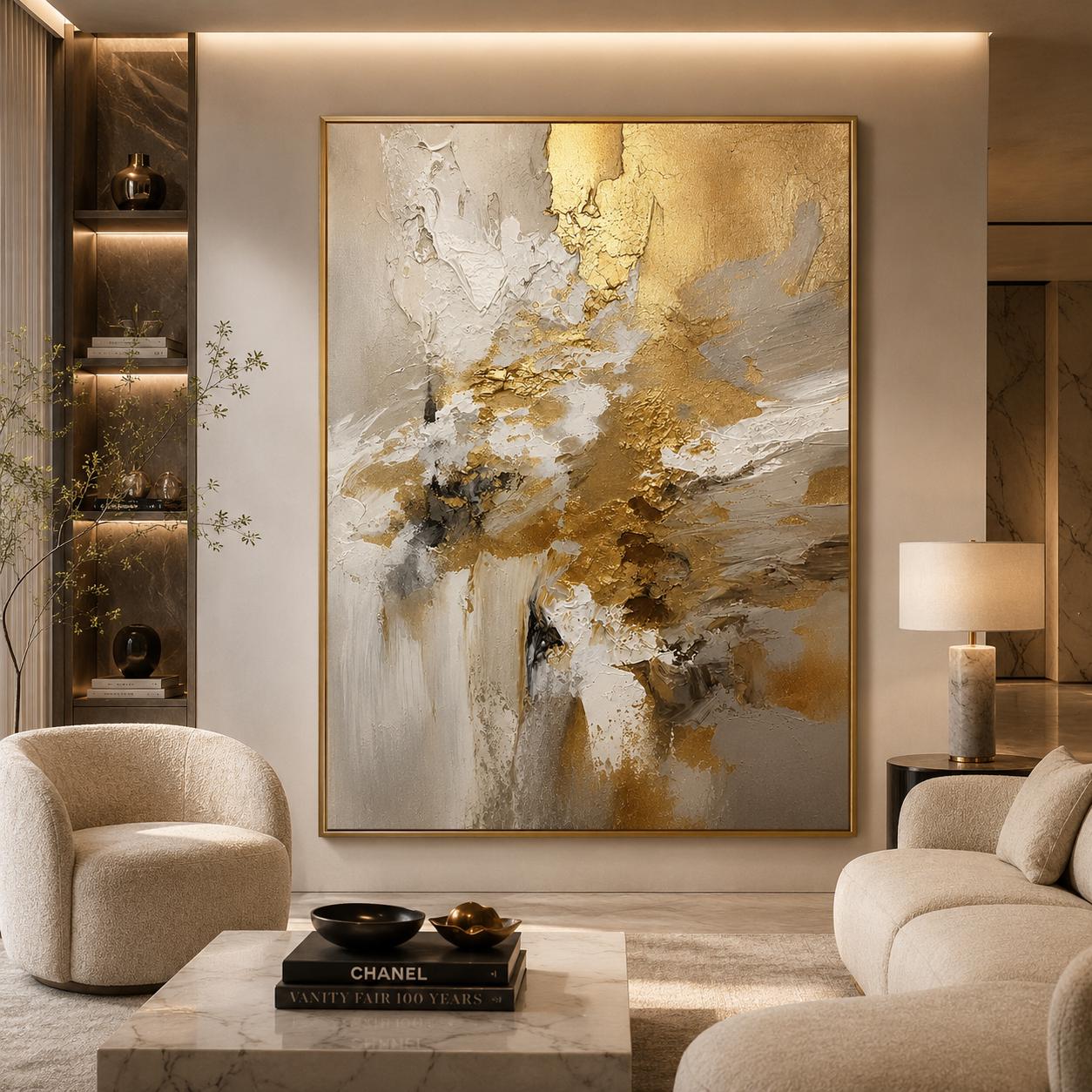 Luxury Gold Textured Abstract Painting, Neutral Modern Wall Art, White Beige Impasto Canvas, Elegant Contemporary Artwork