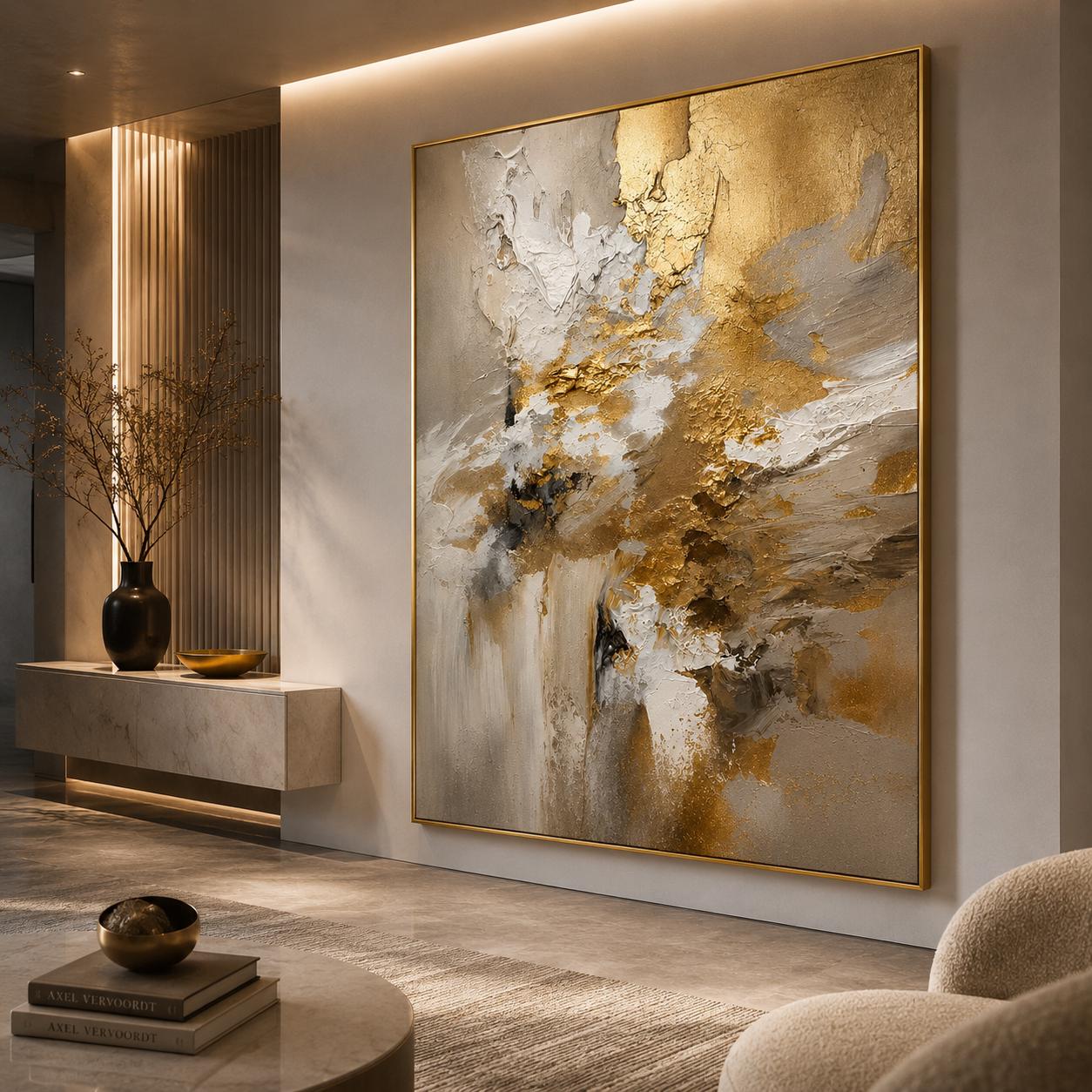 Luxury Gold Textured Abstract Painting, Neutral Modern Wall Art, White Beige Impasto Canvas, Elegant Contemporary Artwork