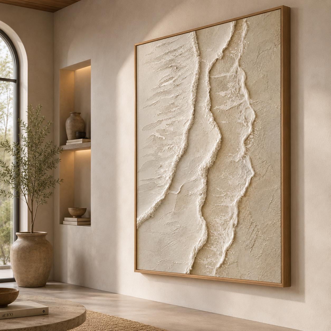 Textured Abstract Painting, Sculptural Beige Impasto Wall Art
