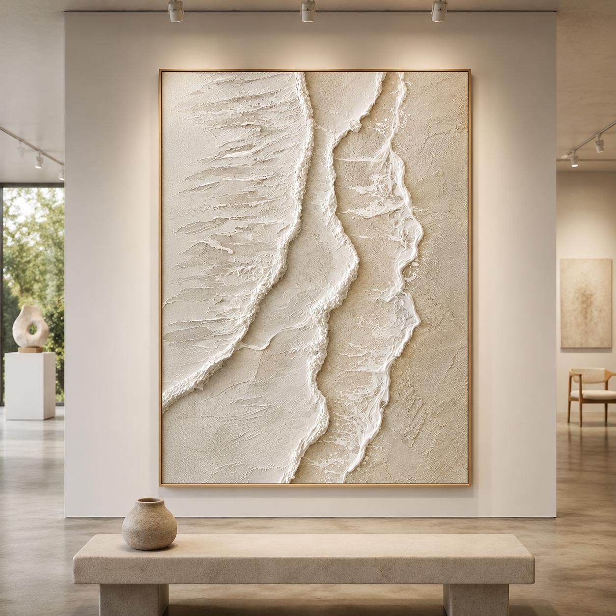 Textured Abstract Painting, Sculptural Beige Impasto Wall Art