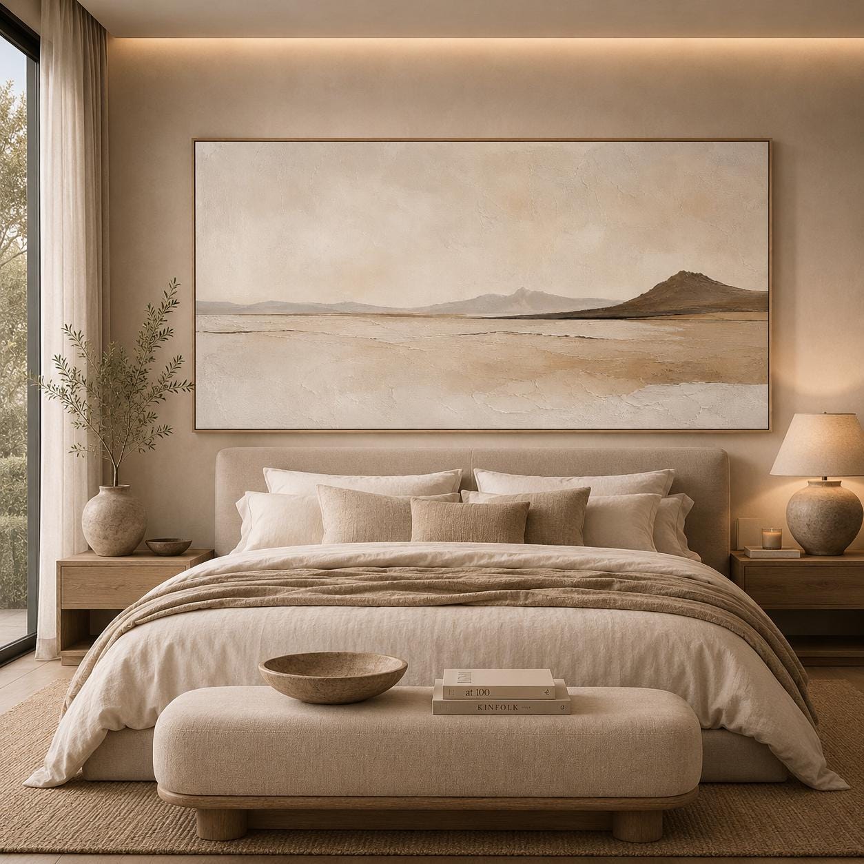 Neutral Landscape Painting, Minimalist Desert Wall Art, Beige Mountain Canvas, Modern Earth Tone Artwork