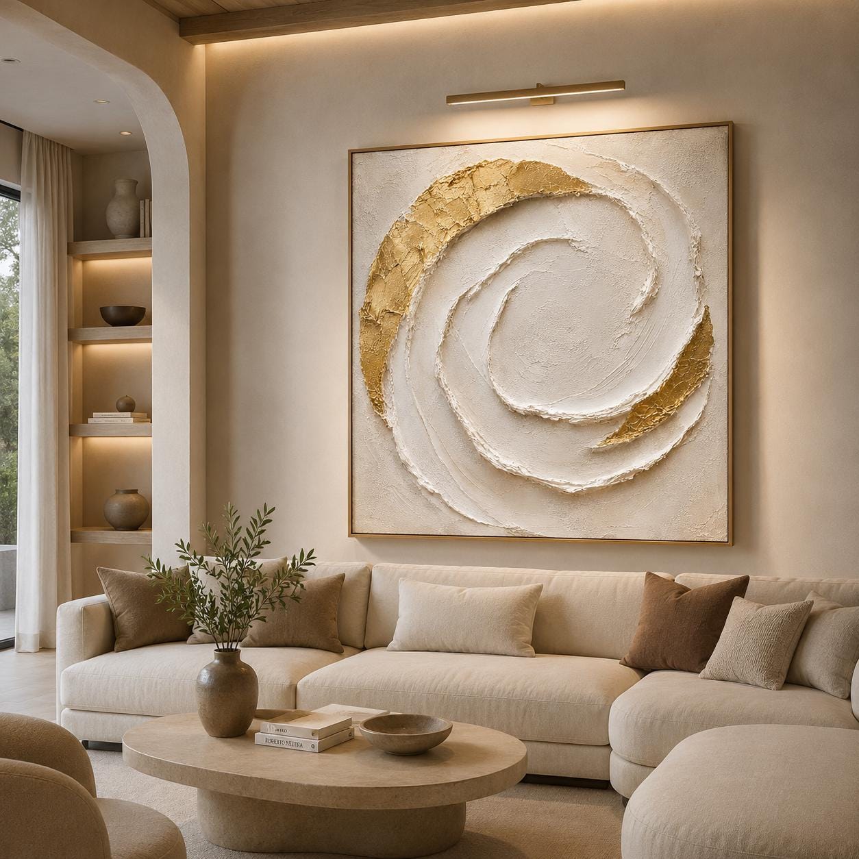 Textured Gold Spiral Abstract Painting, White Minimalist Canvas Art