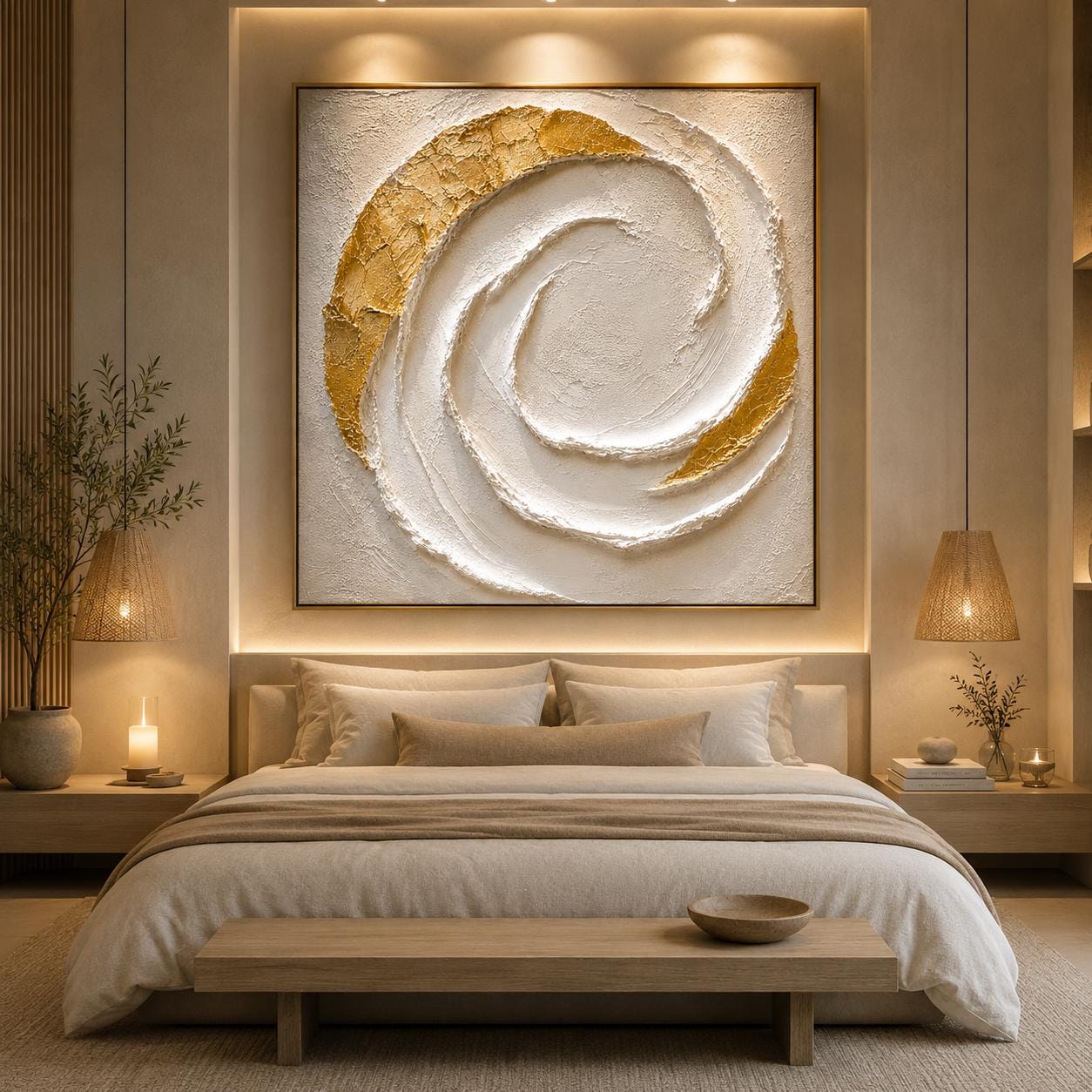 Textured Gold Spiral Abstract Painting, White Minimalist Canvas Art