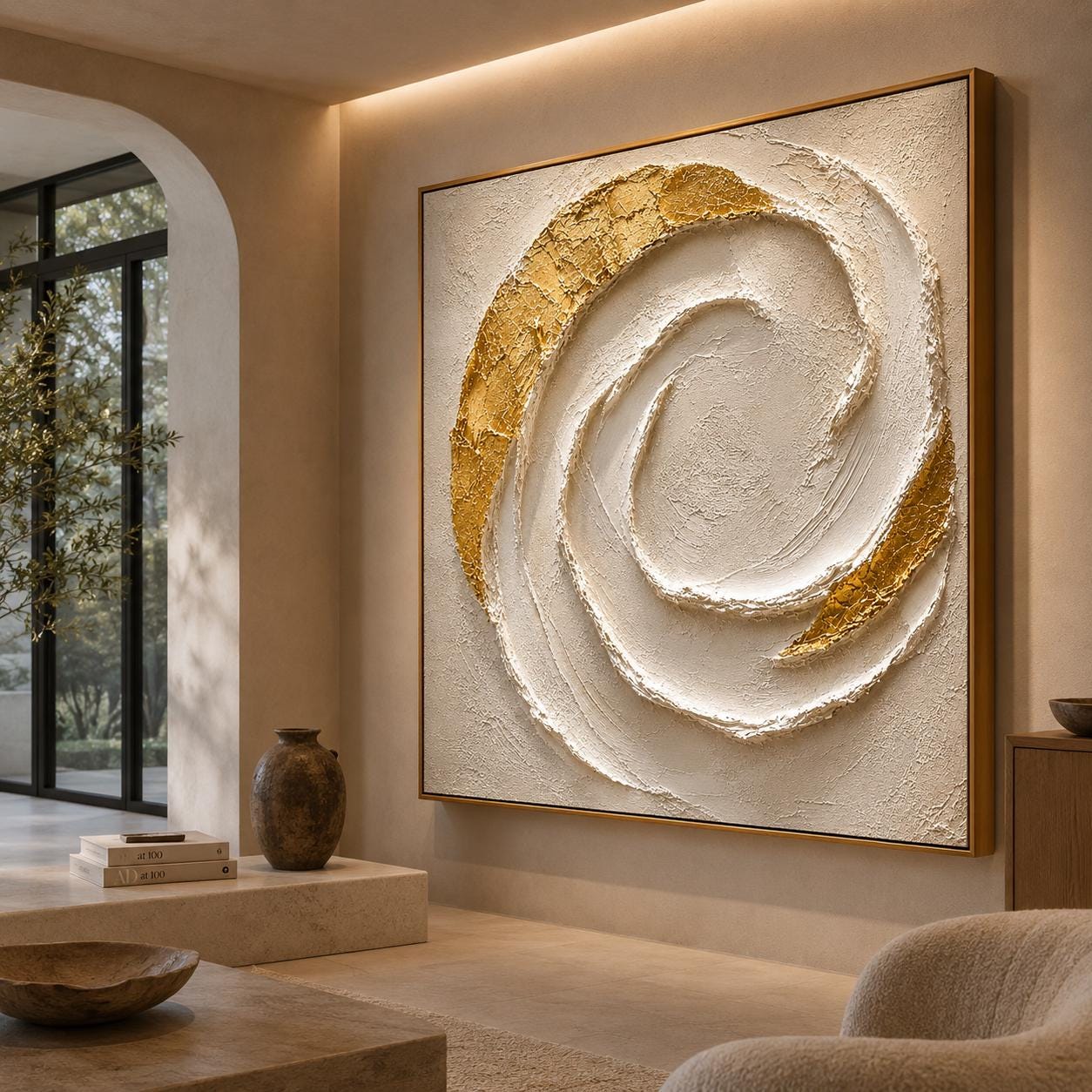 Textured Gold Spiral Abstract Painting, White Minimalist Canvas Art