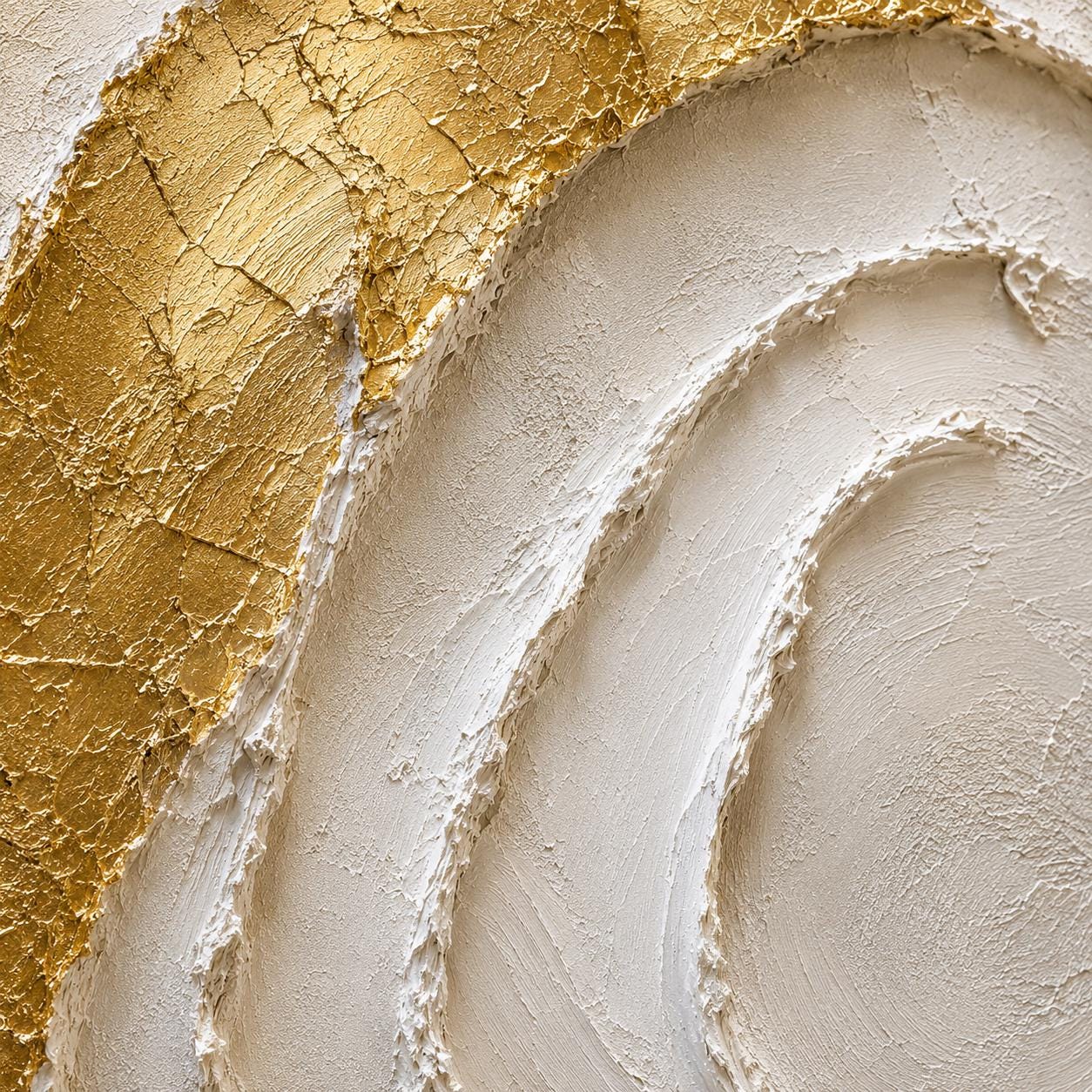 Textured Gold Spiral Abstract Painting, White Minimalist Canvas Art